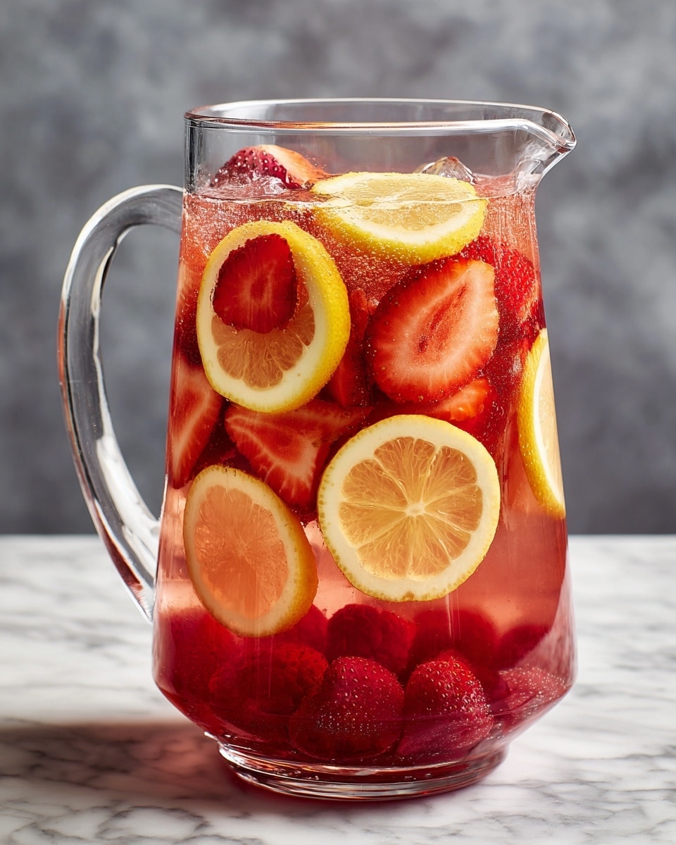 A clear glass pitcher filled with a reddish-pink drink shows several layers of fresh fruit slices inside. The bottom layer has small red raspberries settled at the base. Above that, there are large slices of bright red strawberries with a slightly soft texture, some floating mid-pitcher. Near the top, there are thick lemon slices with bright yellow peel and pale yellow interiors resting just under the rim. The drink looks refreshing with slight bubbles and a few ice cubes visible. The pitcher has a clear handle on the left and is set on a white marbled surface with a blurred gray background. photo taken with an iphone --ar 4:5 --v 7
