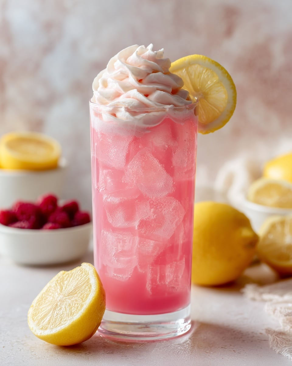 A tall clear glass filled with bright pink iced drink, showing crushed ice inside. On top is a high swirl of light pink whipped cream. A thin lemon slice is placed on the rim of the glass on the right side. The glass sits on a white marbled surface with bowls of fresh berries and lemons blurred in the soft light background. photo taken with an iphone --ar 4:5 --v 7
