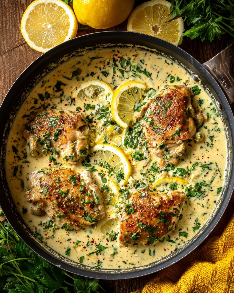A close-up top view of a black pan filled with a creamy sauce mixed with chopped green herbs, specks of spices, and lemon slices. Inside the sauce, three cooked chicken pieces are partially visible with a light golden sear. The sauce is thick and pale yellow with green flecks, covering all the chicken evenly. Around the pan on a wooden table are sprigs of fresh herbs and a bright yellow lemon half, with a textured yellow cloth nearby. The scene is lit softly, highlighting the creamy texture and vibrant green herbs. Photo taken with an iphone --ar 4:5 --v 7