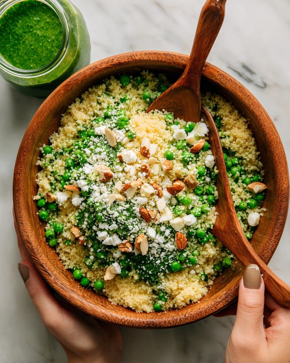 The image shows a wooden bowl filled with a salad that has three clear layers: the bottom layer is light fluffy couscous with a pale yellow color, the middle layer is bright green peas evenly mixed throughout, and the top layer has small bits of crumbled white cheese and chopped brown nuts scattered on top. Two wooden salad spoons are inside the bowl, one being held by a woman's hand, stirring the mixture. In the background, there is a jar filled with green sauce placed on a white marbled surface. Photo taken with an iphone --ar 4:5 --v 7