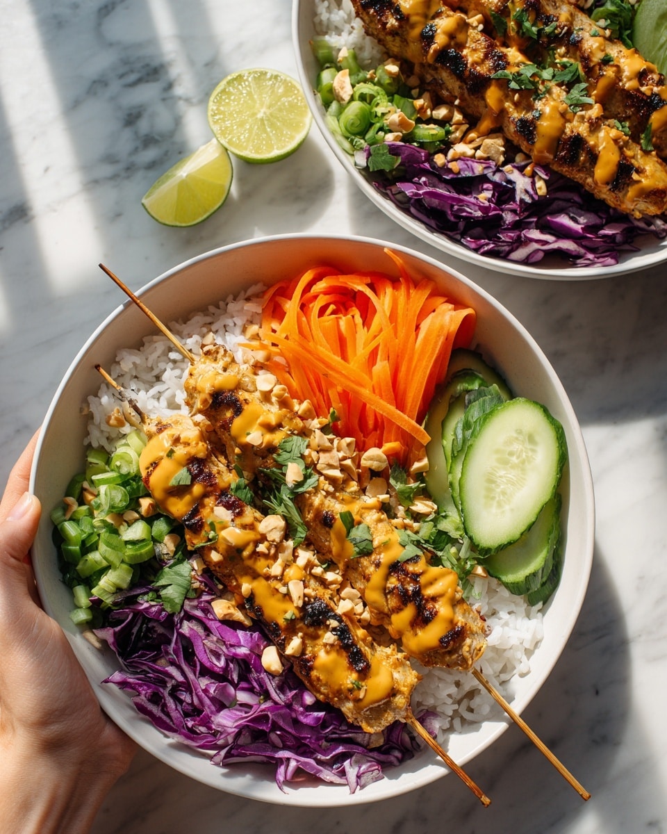 Two white bowls sit on a white marbled surface, each filled with a colorful layered dish. The bottom layer consists of white rice, topped with two grilled skewers of meat with a golden brown char and drizzled with a creamy orange sauce. The meat is sprinkled with chopped nuts and fresh green herbs. Surrounding the skewers are fresh vegetables arranged in sections: bright orange thin carrot strips, crisp light green cucumber slices, dark purple cabbage, and light green scallions. Each bowl has a half lime placed near the vegetables. A woman's hand holds a skewer on the right side. The lighting is bright and natural, highlighting the fresh colors. photo taken with an iphone --ar 4:5 --v 7