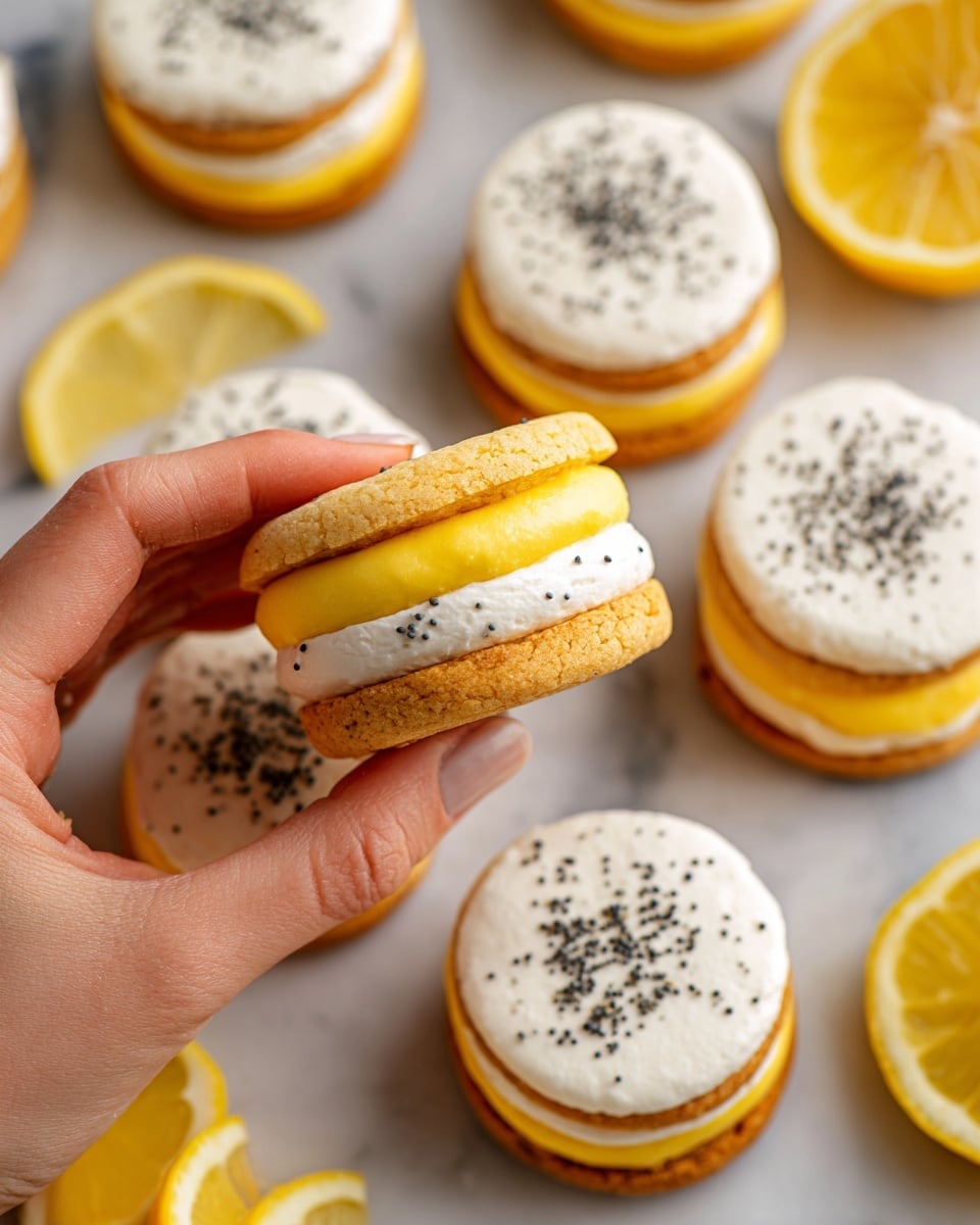 The image shows many round cookies arranged close together on a white marbled surface. Each cookie has three layers: a soft-looking golden-brown base, a thick white cream ring on top of the base, and a smooth yellow lemon filling in the center. Small black poppy seeds are sprinkled evenly over the white cream layer on each cookie. Several lemon halves are placed around the cookies, adding bright yellow color to the scene. A woman's hand is holding one cookie showing the layers clearly. The photo has a bright and fresh feel. photo taken with an iphone --ar 4:5 --v 7