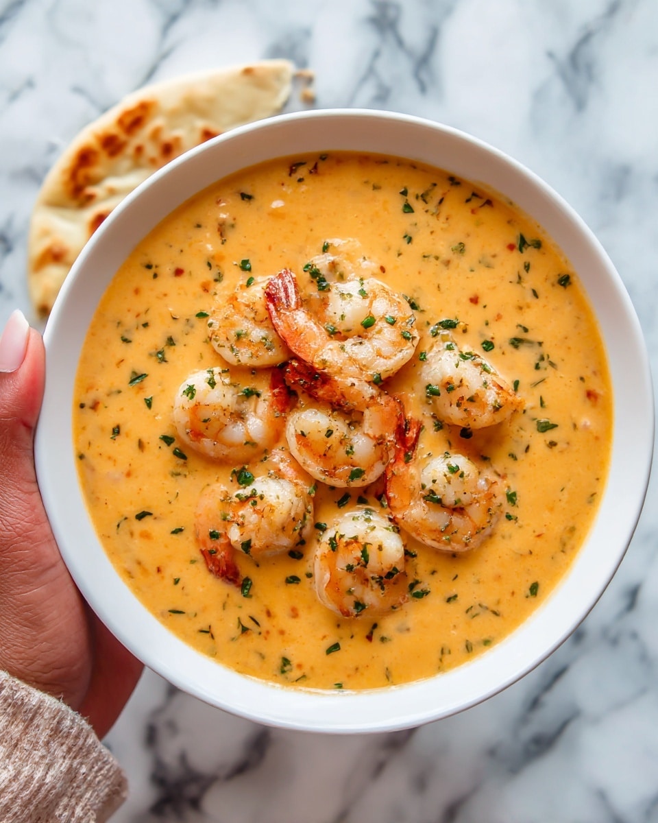 A white bowl filled with a thick creamy orange soup, topped with several pink cooked shrimp arranged on the surface, sprinkled with chopped green herbs evenly spread throughout and on top. The texture of the soup looks smooth and rich, with visible small bits inside. The bowl sits on a white marbled surface, with part of another dish and bread seen partially in the background. Photo taken with an iphone --ar 4:5 --v 7