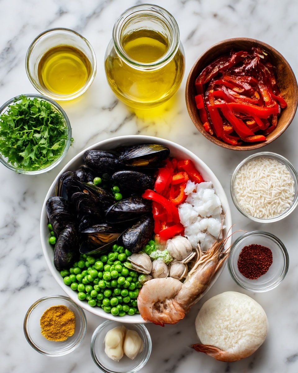 The image shows a white bowl filled with many layered ingredients: green peas, large black mussels, white chunks of fish, red pepper strips, small beige clams, and a prawn with its shell on. Surrounding the bowl are several small containers: one with bright yellow oil, one with a golden broth in a glass jar, a bowl of raw white rice grains, a small dish of red roasted pepper strips, a wooden bowl of fresh green parsley, a small bowl of chopped white onions, and tiny glass bowls containing yellow powder, minced garlic, and red powdered spice. All items are placed on a white marbled surface. Photo taken with an iphone --ar 4:5 --v 7