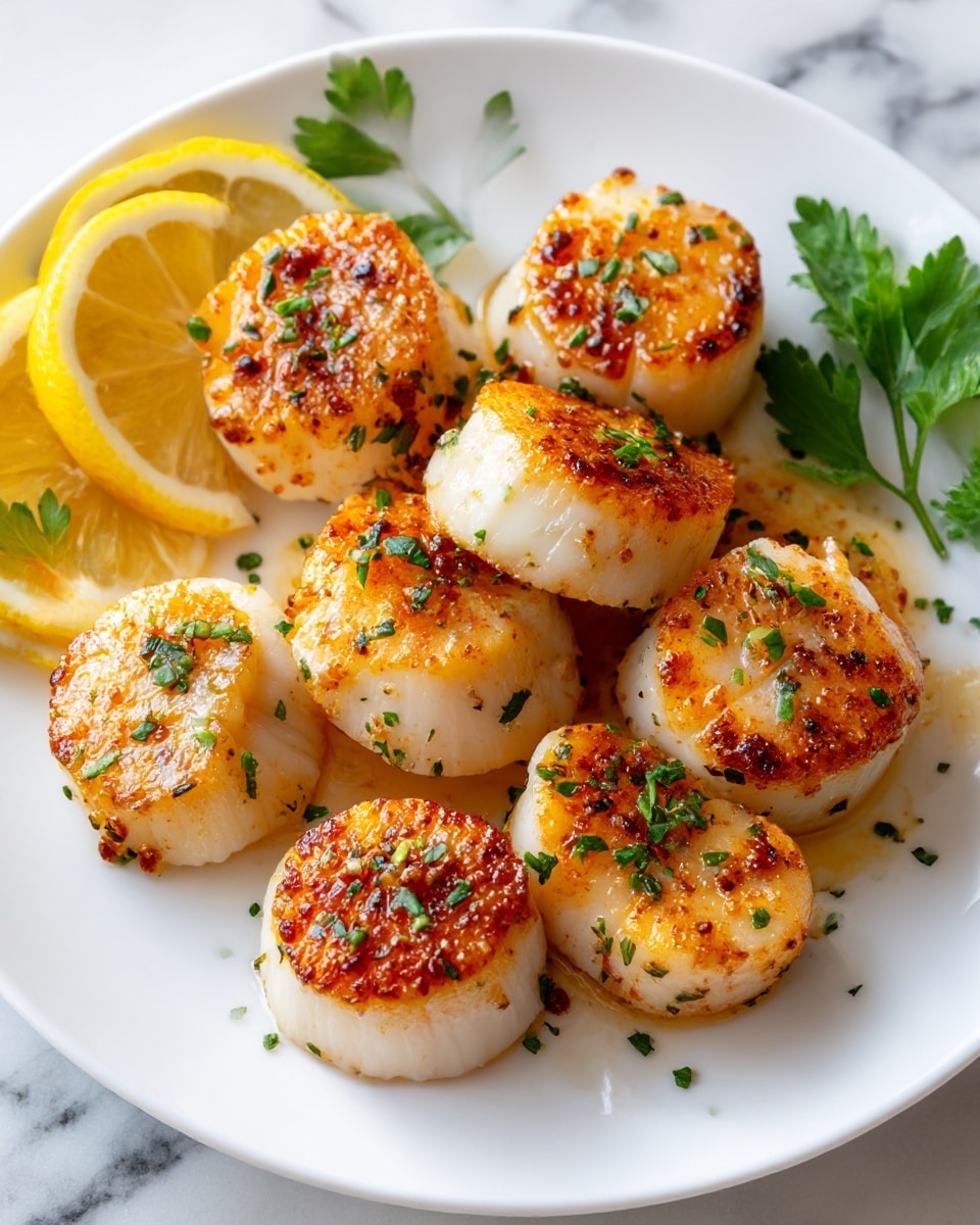 The image shows a white plate filled with several seared scallops arranged closely together. Each scallop has two visible layers: a thick, white bottom layer with a slightly translucent quality and a golden-brown top layer that looks crisp and caramelized. The scallops are sprinkled with finely chopped green herbs, adding small pops of color on top. To the left side of the plate, there are a few lemon slices with a bright yellow color, and some green parsley leaves are placed nearby for garnish. The plate is sitting on a white marbled surface. The photo taken with an iphone --ar 4:5 --v 7