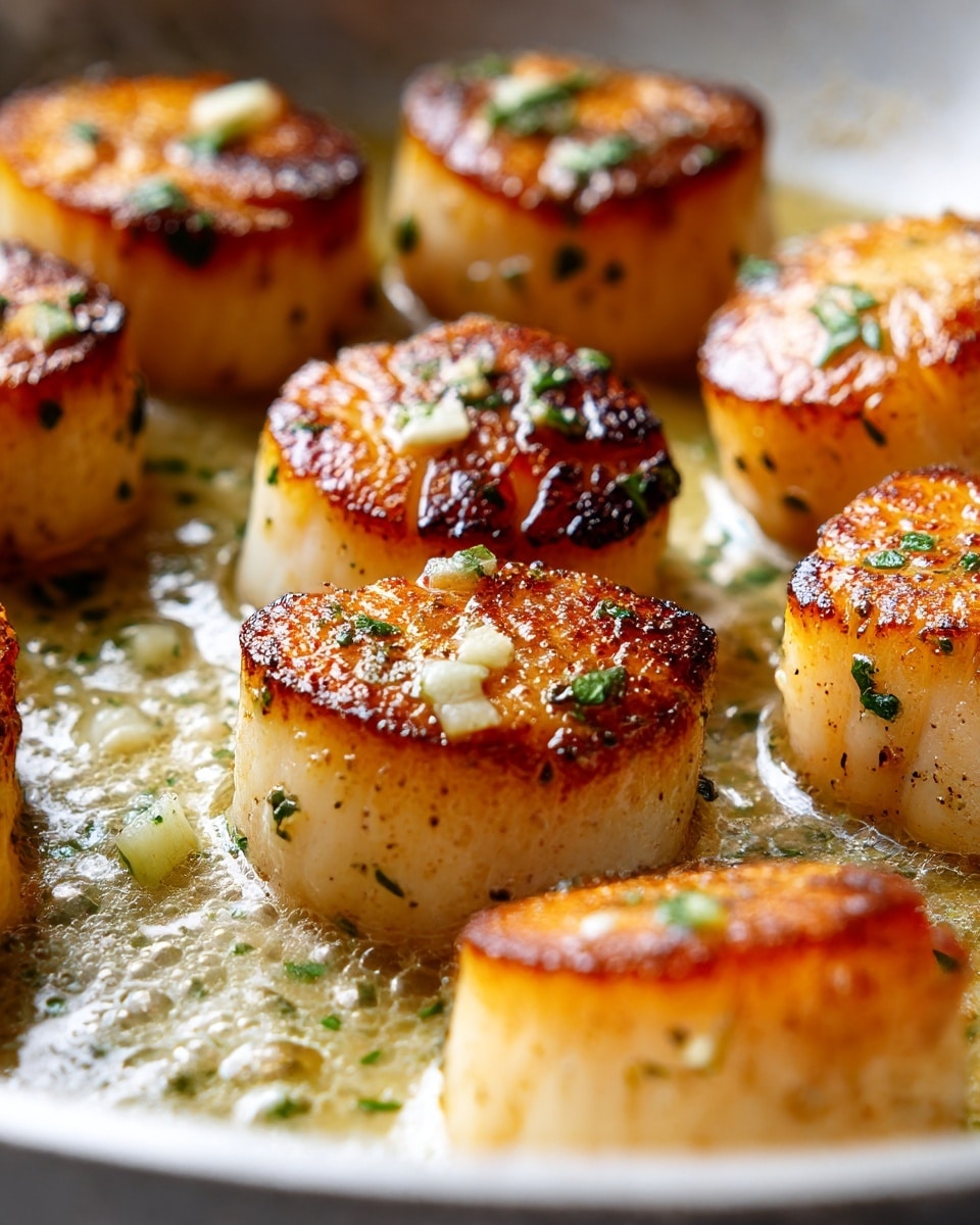 The image shows a close-up of seven browned, round scallops cooking in a shallow layer of buttery oil with small white pieces of garlic and bright green herb leaves scattered around and lightly sticking to the scallops. The scallops have a golden brown crust with some dark grill marks and are slightly shiny from the hot oil. The background is a white marbled texture. Photo taken with an iphone --ar 4:5 --v 7