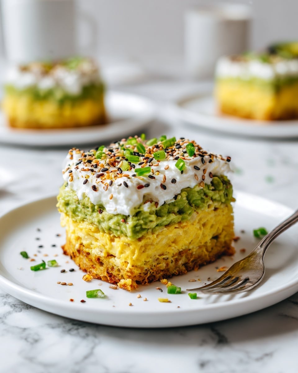 The image shows a round black skillet placed on a wooden board over a white marbled surface. Inside the skillet, there are two bright sunny-side-up fried eggs with rich yellow yolks on top of crispy golden hash browns. On each side of the eggs, there are thin slices of green avocado, fanned out neatly. The eggs are drizzled with a red sauce and sprinkled with fresh green herbs. The overall colors include golden brown, bright yellow, fresh green, and red, creating a vibrant and fresh look. photo taken with an iphone --ar 4:5 --v 7