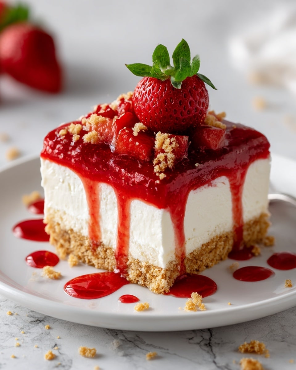 A square piece of dessert sits on a white wire cooling rack on a white marbled surface. The dessert has three layers: a pink crumbly base at the bottom, a thick white fluffy cream layer in the middle, and a topping of fine pink crumbles sprinkled over the cream. On top, there is a fresh red strawberry, with a green leafy stem. In the background, more strawberries are slightly out of focus. In the top right corner, a woman's hand gently holds the dessert. The photo taken with an iphone --ar 4:5 --v 7