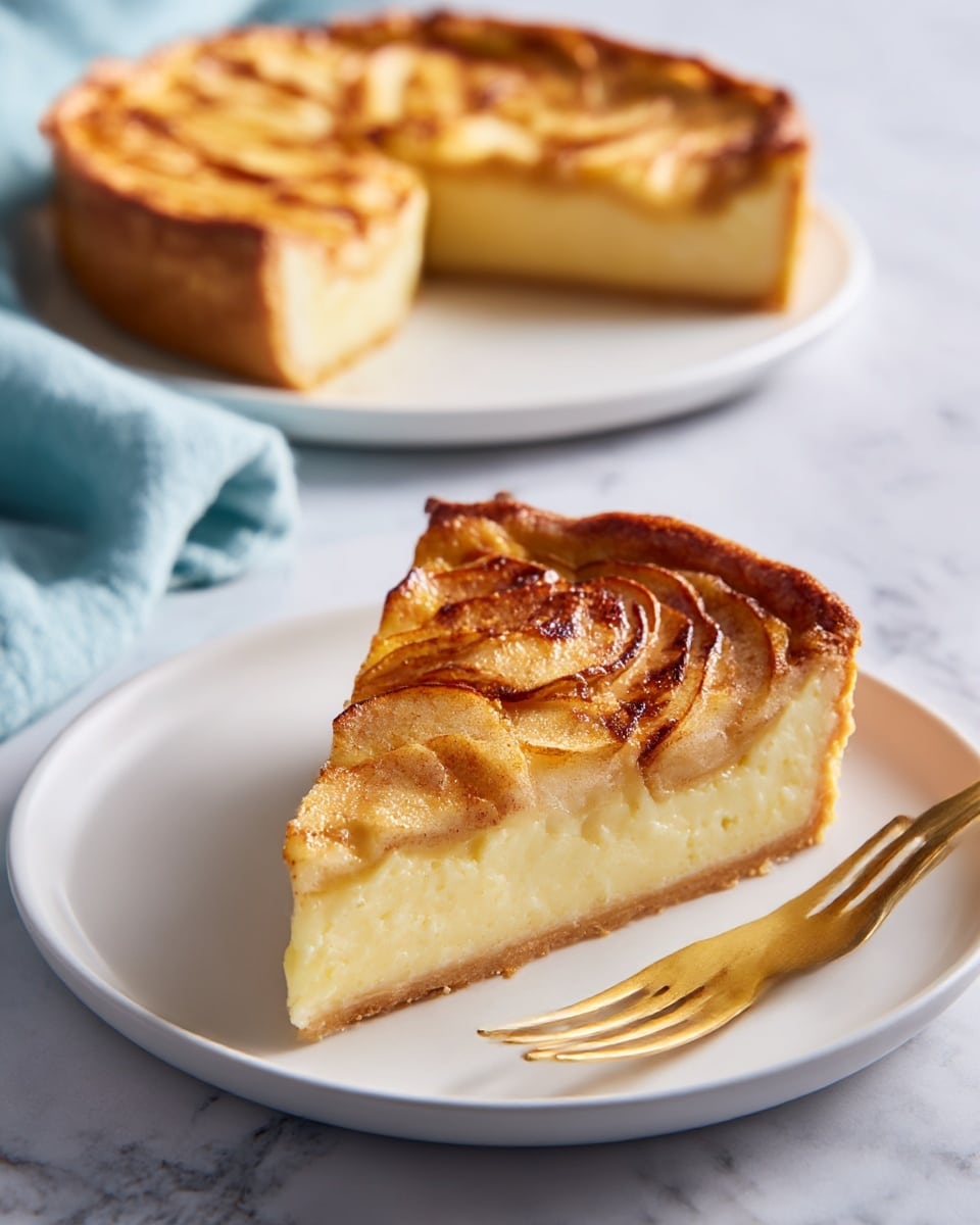 The image shows a close-up of a creamy, custard-like dessert cut into slices. It has one thick, smooth pale yellow layer that looks soft and slightly shiny. On top, there are thin, caramelized slices of fruit or topping that are browned and slightly burnt, creating dark crispy edges. The dessert rests on a white marbled surface, and a silver spatula is lifting one slice, showing the smooth texture inside. The caramelized top curves slightly upward at the edges, adding texture contrast. photo taken with an iphone --ar 4:5 --v 7