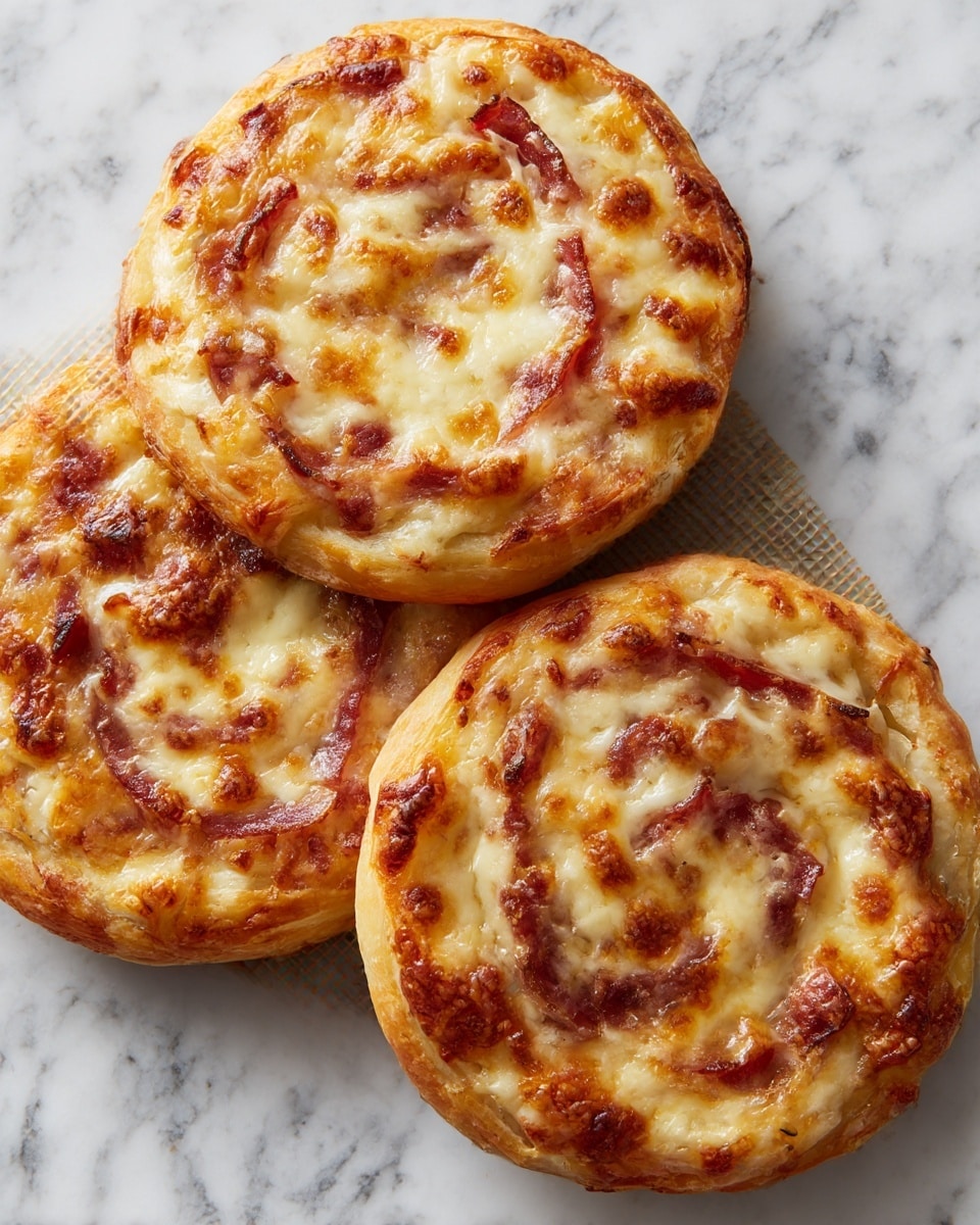 The image shows three round savory pastries on a silicone baking mat, each with two main layers. The bottom layer is a light golden-brown, flaky dough that looks soft and slightly puffy. The top layer is a mixture of melted cheese and thin slices of reddish-brown deli meat swirled within the dough, giving each pastry a spiral pattern. The cheese has browned in spots, creating bubbly and slightly crispy patches on the surface. The pastries appear warm and fresh from the oven, sitting on a white marbled textured surface. photo taken with an iphone --ar 4:5 --v 7