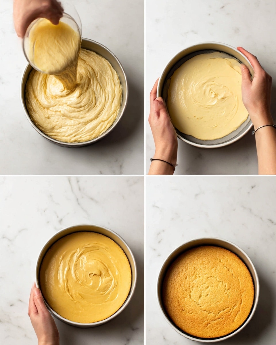 A sequence of four images shows the process of making a layered dessert in a round springform pan placed on a white marbled surface. In the first image, a woman's hand is pouring a thick, pale yellow batter with a smooth, creamy texture into the pan. The second image shows a woman’s hand spreading a smooth, pale yellow creamy layer evenly across the surface of the batter inside the pan. The third image features a woman’s hand spreading a golden-yellow layer, shiny and smooth, on top of the previous layer. The last image shows the dessert fully cooked, with a golden brown top that is slightly cracked and textured, still inside the white pan on the same white marbled surface. photo taken with an iphone --ar 4:5 --v 7