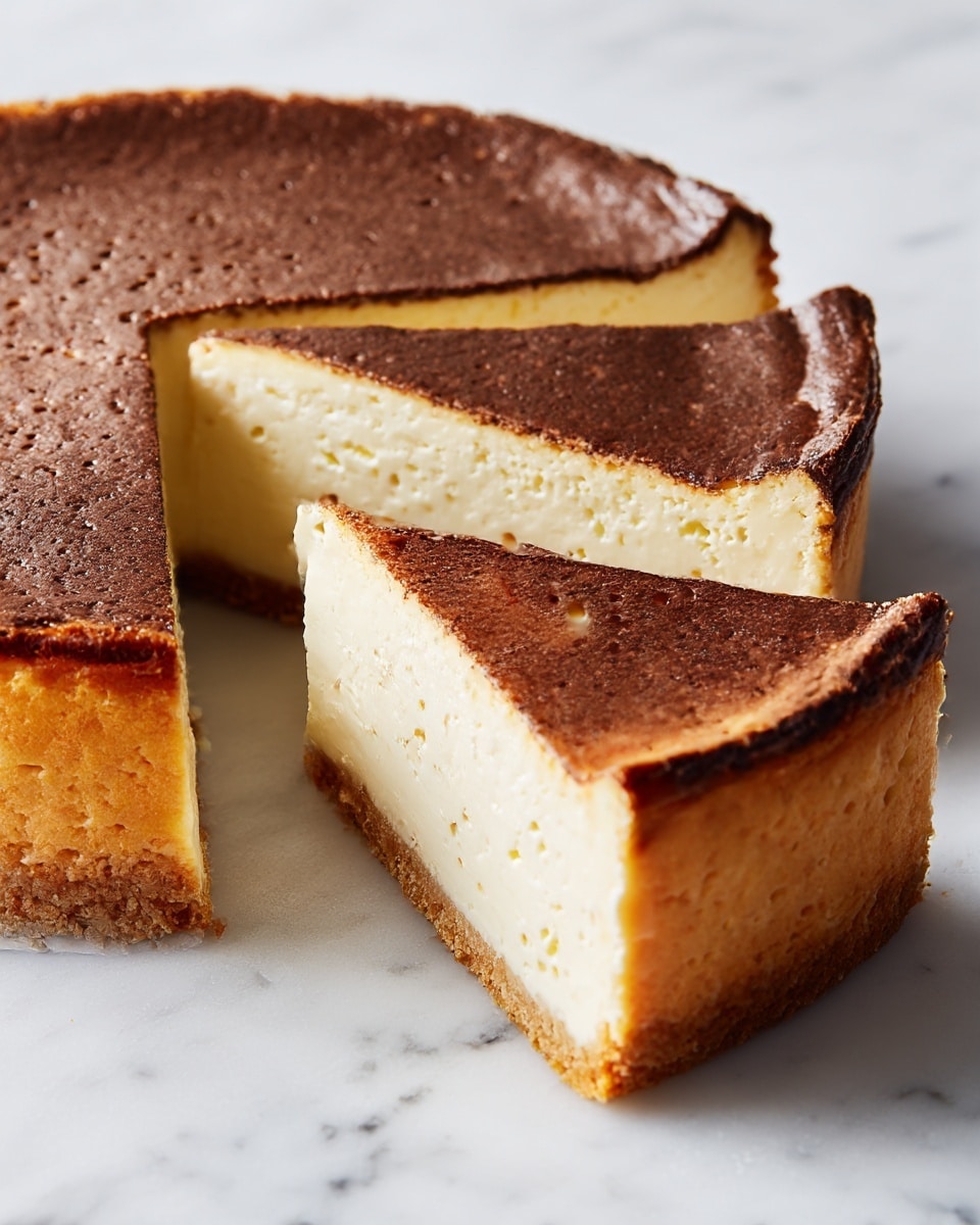 A slice of custard tart with a golden yellow top showing a burnt brown patch on one side, slightly cracked and smooth in texture. The tart is thick and creamy, placed on a white plate with a shiny silver spoon resting beside it. The plate sits on a beige cloth napkin, all set on a white marbled surface. The photo taken with an iphone --ar 4:5 --v 7