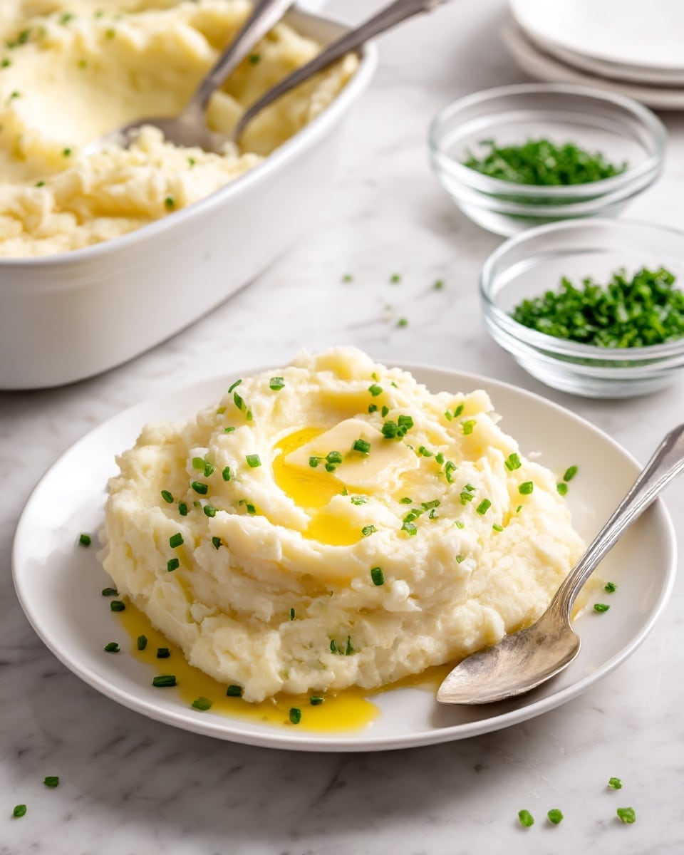 A white dish filled with creamy mashed potatoes that have a smooth, slightly fluffy texture with a light yellow tint from melted butter. The mash is spread evenly with soft swirls on top, garnished with small, scattered green chive pieces. A shiny silver spoon is partially submerged in the mashed potatoes, lifting a scoop showing the thick, soft consistency. The dish is placed on a white marbled surface with a small glass bowl of extra chopped chives visible nearby. Photo taken with an iphone --ar 4:5 --v 7
