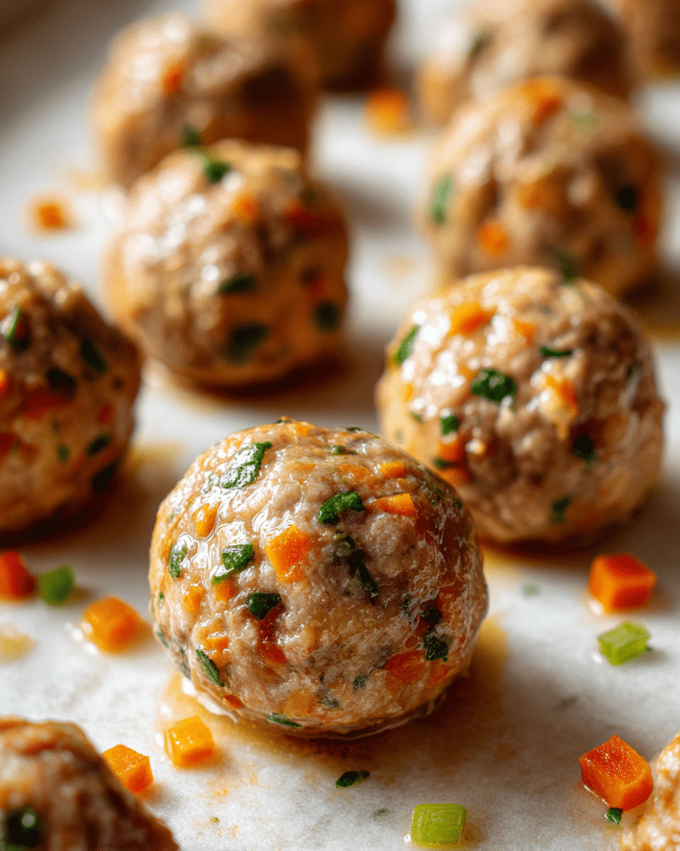The image shows a close-up of several small round meatballs on a white marbled baking tray. Each meatball has a light brown color with small bits of orange carrot, green herbs, and a slight glossy texture from cooking juices. The meatballs have a slightly uneven, handmade look with a gentle browning on the top and sides. Small pieces of diced carrot and light green vegetables are scattered around the meatballs on the white marbled tray. The photo is softly lit, highlighting the moist texture of the meatballs with a shallow depth of field focusing on the front ones photo taken with an iphone --ar 4:5 --v 7