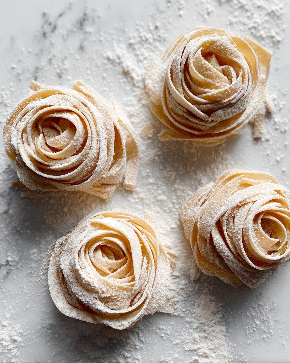 The image shows four fresh nests of uncooked pasta made from thin, flat dough ribbons that are loosely curled into rose-like shapes. Each pasta nest has layers of pale cream-colored ribbons with a slightly rough texture, dusted lightly with white flour. The nests are placed on a white marbled textured surface which is scattered with more flour around them. The pasta nests vary slightly in size and are positioned with some closer and some farther from the camera, creating depth in the image. Photo taken with an iphone --ar 4:5 --v 7
