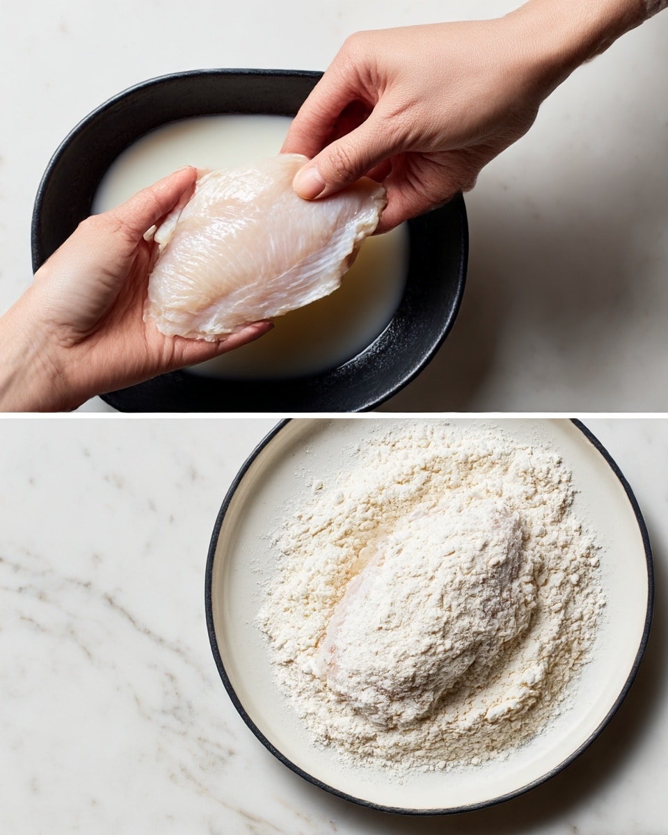 The first image shows a woman's hand holding a raw piece of chicken, partially dipped in a white liquid, likely buttermilk, inside a black dish with smooth edges. The chicken looks pale pink with a slightly shiny, wet texture. The second image shows the same piece of chicken, now fully covered in white flour with a rough texture, lying on a white plate with a black rim, surrounded by loose flour on a white marbled surface. photo taken with an iphone --ar 4:5 --v 7