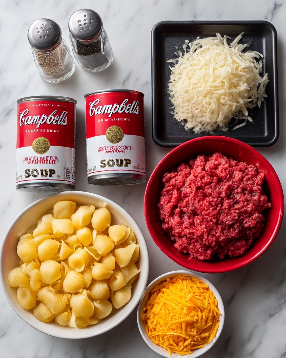 The image shows six main ingredients arranged neatly on a white marbled surface: at the top right, a small white bowl filled with shredded mozzarella cheese, its white strands soft and fine; below it, a black tray with raw, bright red ground beef, tightly packed with visible texture; to the left, a round white bowl with uncooked medium pasta shells, yellow and smooth with ridges, filling the bowl; underneath on the left, two shiny red and white cans of Campbell’s tomato soup side by side, their labels clear and bright; next to the cans, a red bowl filled with a heap of shredded cheddar cheese, the vivid orange-yellow strands spilling slightly over the bowl’s edge; above on the left, two small glass shakers with metal tops, one filled with black pepper and the other with white salt, both clear and simple. All items are neatly placed with clear labels indicating the ingredient. Photo taken with an iphone --ar 4:5 --v 7