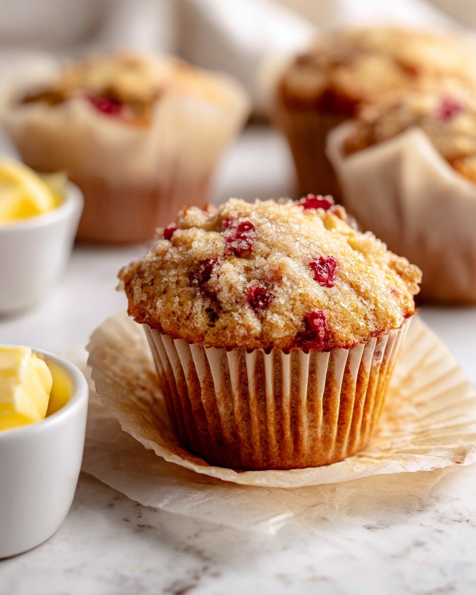 This image shows a close-up of a single muffin sitting on a piece of parchment paper over a white marbled surface. The muffin has a golden-brown base layer with a slightly rough texture and a crumbly, light brown top layer with small chunks of red fruit mixed in. The muffin liner is beige and pleated, partially visible at the base. In the background, there are more muffins wrapped in the same beige liners, softly blurred. To the left side, there is a small white container with yellow butter inside. The photo is softly lit with natural light, creating a warm and inviting feel. photo taken with an iphone --ar 4:5 --v 7
