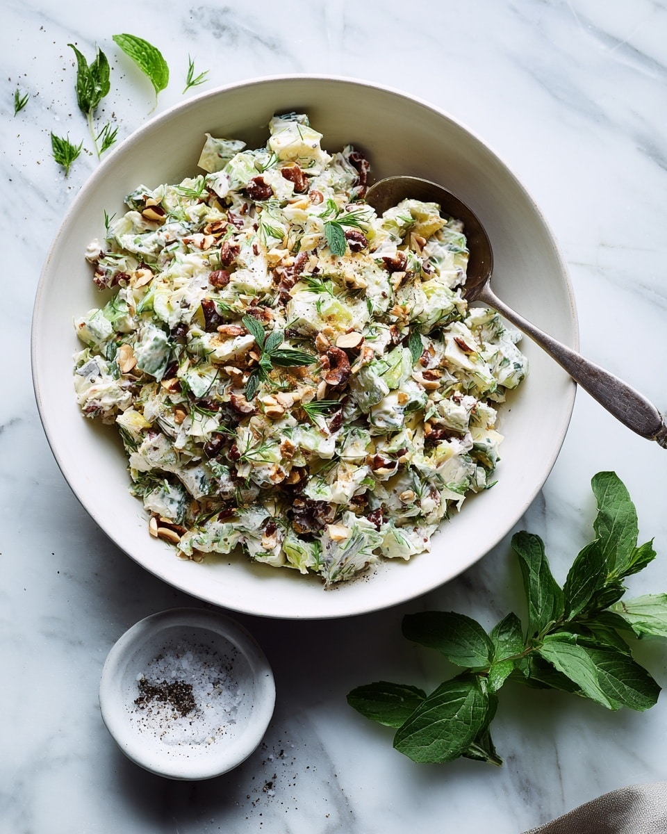 A white bowl filled with a chunky, mixed salad that has multiple layers of small pieces in green, light brown, and pale yellow colors. The salad looks creamy with visible bits of herbs and chopped nuts sprinkled on top, adding texture. A spoon is resting inside the bowl. Next to the bowl, on a white marbled surface, there is a small white bowl containing coarse salt and pepper. Some fresh green leaves are placed nearby. photo taken with an iphone --ar 4:5 --v 7