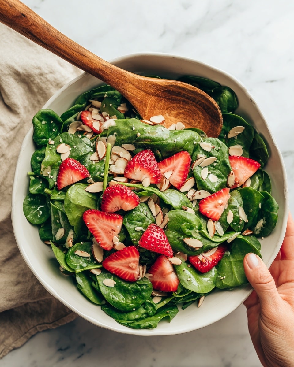 A clear glass bowl sits on a white marbled surface, filled with several layers starting with fresh green spinach leaves at the bottom, topped with a mix of whole pecans scattered throughout. Above this are bright blue blueberries on one side and vibrant red sliced strawberries on the other, with small white crumbles of cheese spread over the top. A woman's hand is holding a small glass pitcher, pouring light golden dressing over the salad, creating a glossy flow in the air. The background is softly blurred with green hues. photo taken with an iphone --ar 4:5 --v 7