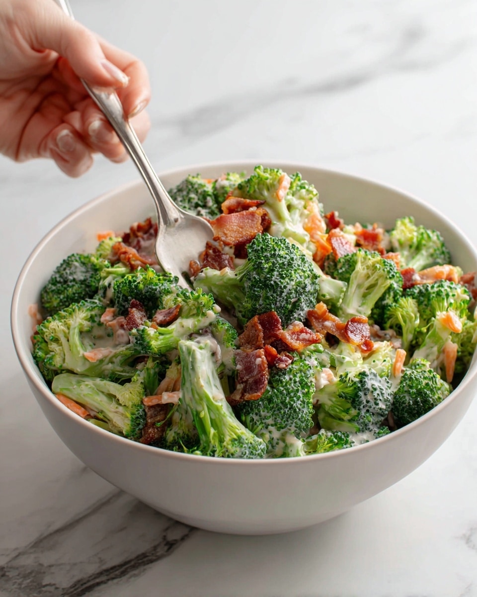 A white bowl filled with a broccoli salad, showing multiple layers of green broccoli pieces mixed with small orange bits of carrot and brown crispy bacon on top. There are white creamy dressing spots scattered over the salad, giving a textured look. A woman's hand is holding a silver fork inside the bowl, ready to scoop up the salad. The bowl sits on a white marbled surface. Photo taken with an iphone --ar 4:5 --v 7