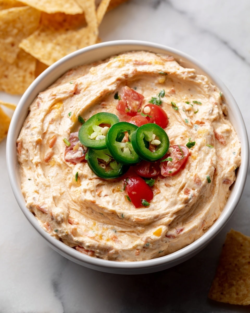 A white bowl filled with a creamy, light beige dip mixed with small bits of orange and pink, giving it a slightly chunky texture. On top, three thin slices of green jalapeño peppers are placed in the center, each with visible seeds inside, and a few small pieces of diced red tomato scatter around them. The bowl is set on a white marbled surface with some out-of-focus tortilla chips in the background. Photo taken with an iphone --ar 4:5 --v 7