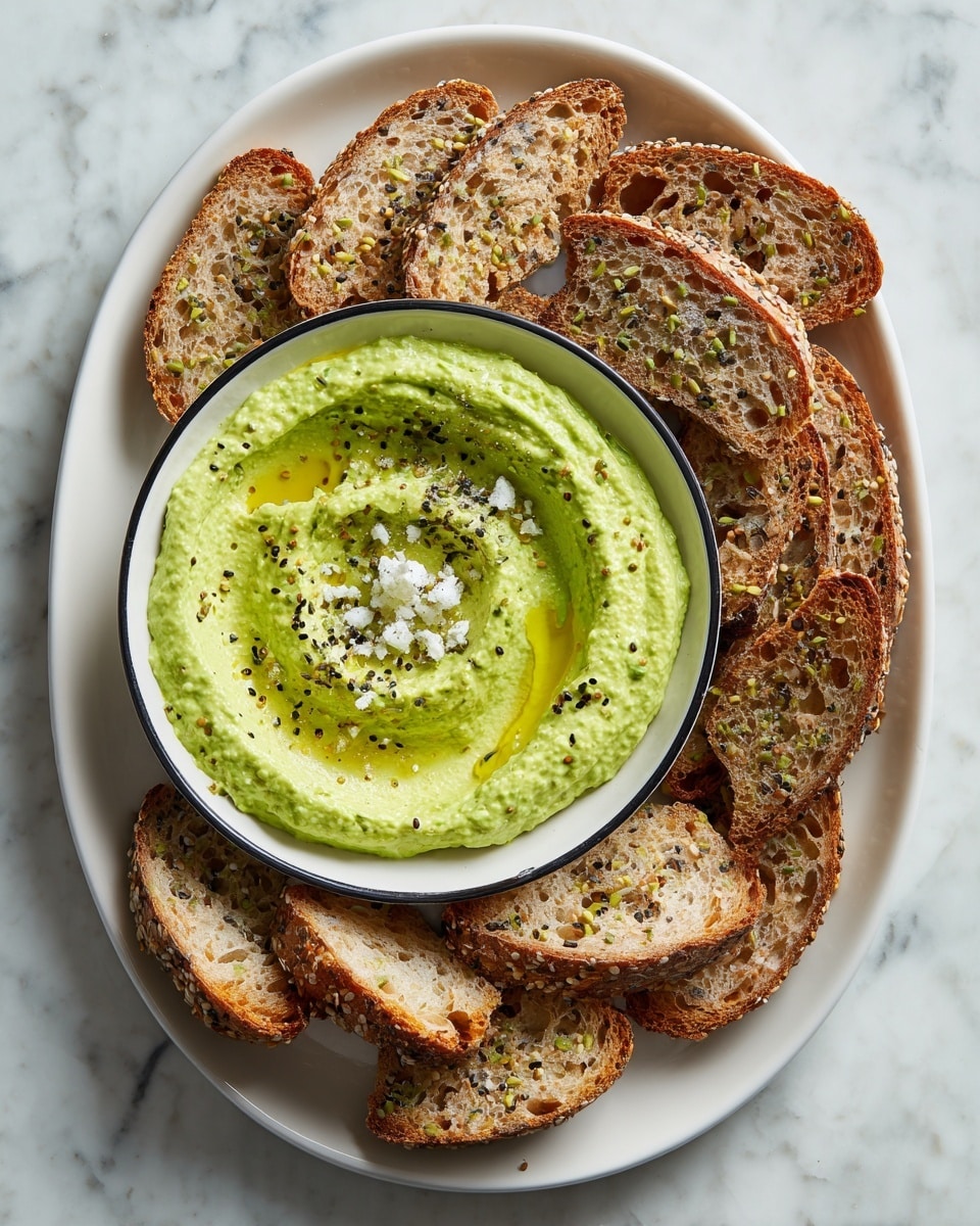 A white tray holds a ring of sliced multigrain bread pieces with light brown crusts and seeds on the edges, layered leaning against the tray's side. In the center, there is a small white bowl with a black rim, filled with a swirl of creamy, bright green dip, topped with small white crumbles and tiny specks of black pepper. The dip has a smooth texture with a light drizzle of oil on its surface. The tray is placed on a white marbled surface. photo taken with an iphone --ar 4:5 --v 7