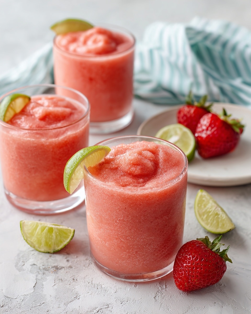 A tall clear glass filled with a smooth red drink that looks thick and cold. The drink is bright red with a shiny surface, topped with a rough white salt rim around the glass edge. On the glass side, near the top, rests a small bright red strawberry with green leaves, adding a fresh pop of color. The glass stands on a white marbled surface with a colorful woven cloth nearby showing red, yellow, and orange stripes. In the background, blurred, is half of an orange adding a hint of yellow and orange color. Photo taken with an iphone --ar 4:5 --v 7