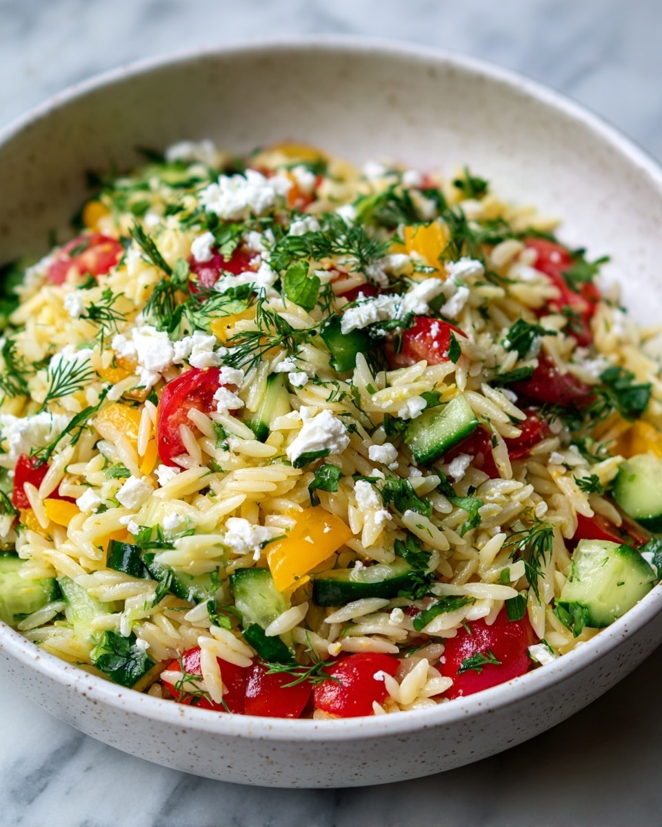 A close-up of a shiny fork holding a mix of small white orzo pasta, bright red diced tomatoes, small green cucumber pieces, and white crumbled cheese with chopped green herbs sprinkled throughout. Below the fork, a white bowl is filled with the same colorful salad, all placed on a white marbled surface. The colors are fresh and vibrant, with the salad ingredients clearly visible and textured, showing the smooth pasta, soft cheese, and juicy vegetables. photo taken with an iphone --ar 4:5 --v 7