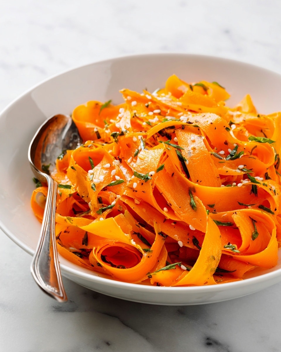 In a white bowl, there is a dish made of long, flat orange carrot ribbons layered loosely in curls and folds. The bright carrot ribbons are topped with small white sesame seeds and scattered green herbs, adding texture and color contrast. A silver spoon with a dark brown handle rests inside the bowl on the right side. The bowl sits on a white marbled surface. Photo taken with an iphone --ar 4:5 --v 7