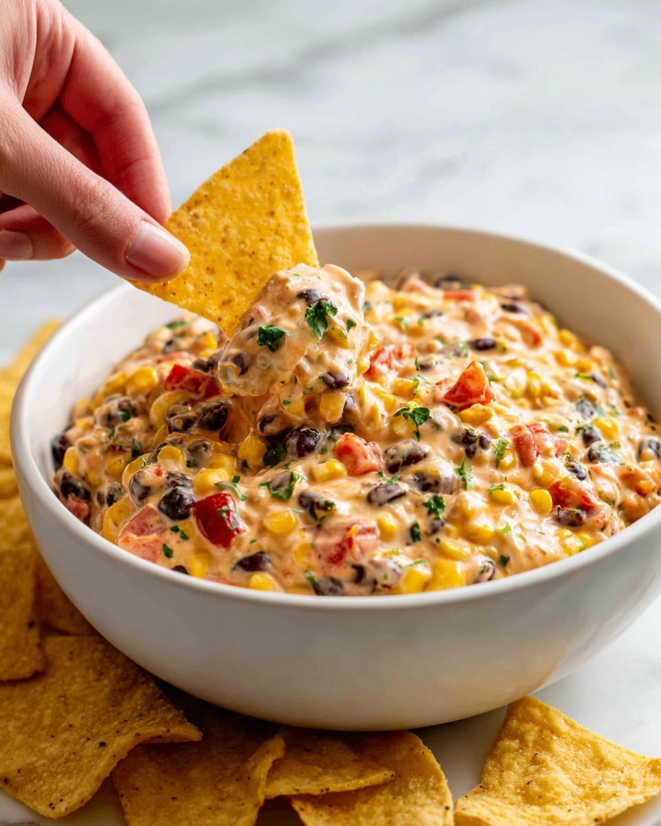 A close-up view of a white bowl filled with a creamy, chunky dip that has layers of black beans, yellow corn, small red tomato pieces, and green herbs mixed thoroughly. The dip has a slightly orange hue from the sauce binding it all together. At the front, a woman's hand holds a single golden-brown chip dipping into the mixture, showing some dip balanced on it. Several more triangular golden chips are arranged around the edge inside the bowl. The bowl sits on a white marbled surface. photo taken with an iphone --ar 4:5 --v 7