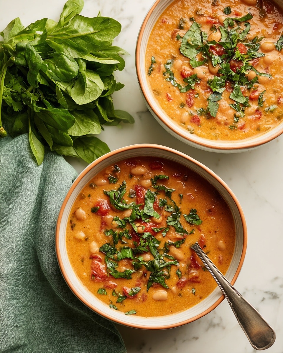 A white bowl filled with a thick orange soup that has visible layers of soft rice, small red and yellow vegetable pieces, and finely chopped green herbs scattered throughout. A spoon with a wooden handle rests inside the bowl slightly lifting some of the chunky soup. Behind the bowl, there is a large light gray pot holding more of the same soup. A small wooden bowl filled with fresh green herbs sits beside the bowl on a dark wood table, and a colorful plaid cloth with blue, red, and green tones lies near the bowl. The overall setting is on a white marbled textured surface. photo taken with an iphone --ar 4:5 --v 7