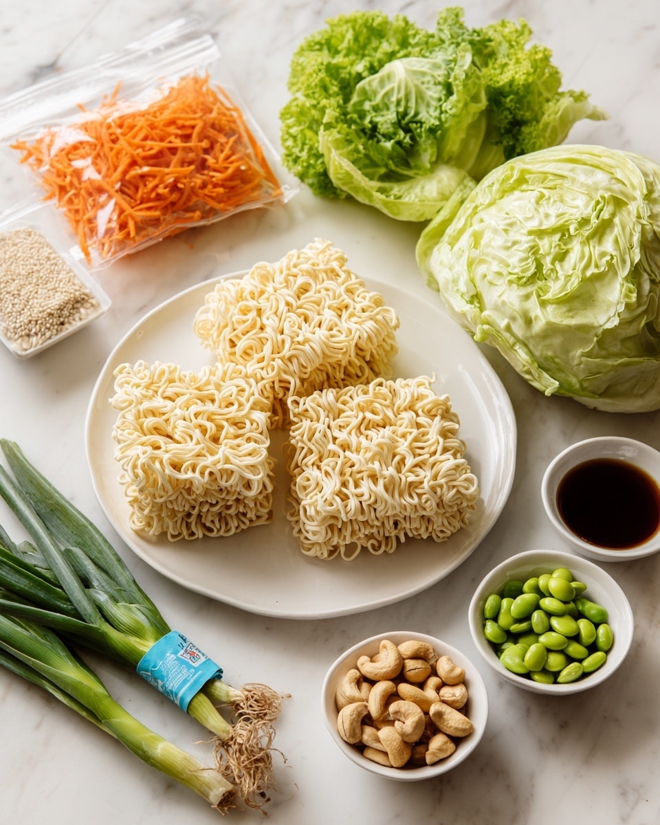 The image shows a white round plate on a white marbled surface, holding three blocks of dry instant ramen noodles, light yellow and tightly curled. Near the plate, a bunch of green onions with long green stalks and white bulbs is tied with a blue band. To the left, an open clear plastic bag of shredded orange matchstick carrots and a light green savoy cabbage with textured leaves sit next to a smaller bunch of crinkled red cabbage. Below them are frozen green edamame beans in a white package. Three small white bowls contain chopped cashews, light brown and slightly uneven, white sesame seeds, and dark black vinegar. There are four small white sauce dishes filled with light brown honey, clear golden sesame oil, and a dark brown soy sauce. The background is clearly a white marbled surface. photo taken with an iphone --ar 4:5 --v 7