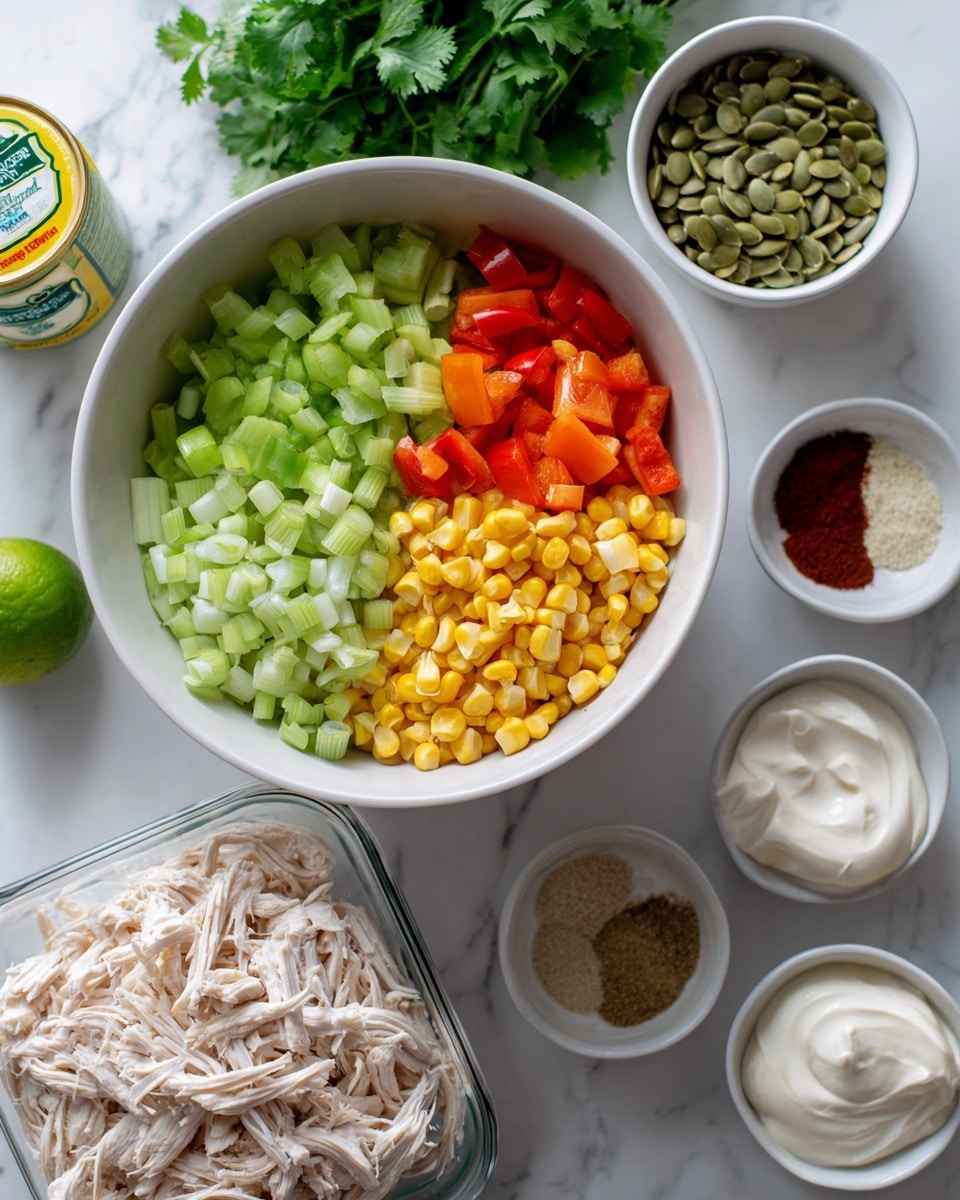 A white bowl is filled with four sections of chopped vegetables, starting at the top left with light green celery, to the top right with red and orange bell peppers, the bottom right with yellow corn kernels, and the bottom left with light green sliced scallions. Behind this bowl is a bunch of fresh green cilantro leaves. To the right is a smaller white bowl filled with green pumpkin seeds. Below it is another white bowl with three piles of spices: a dark reddish-brown powder, a light beige powder, and a greenish powder. Below the vegetable bowl is a square clear glass container filled with shredded cooked chicken, off-white with some light brown edges. In the lower center, a green lime rests on the white marbled surface. Nearby is a container of white yogurt with a green label. On the bottom left, a yellow can of diced green chilies and a jar of honey with a yellow label are visible. In the lower right corner is a white bowl holding two dollops of creamy white mayonnaise. The whole scene is set on a white marbled surface, photo taken with an iphone --ar 4:5 --v 7