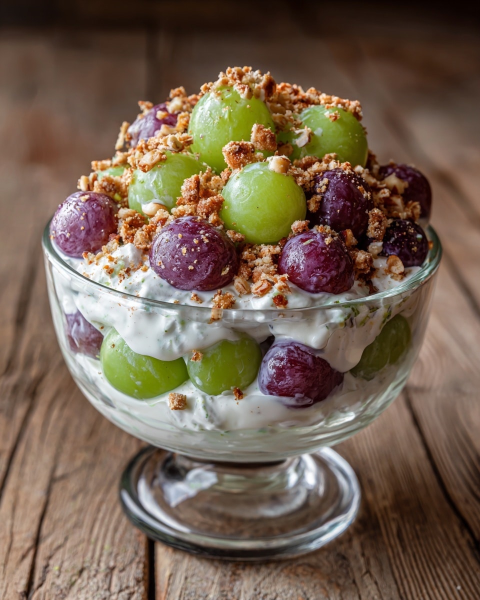 A clear glass bowl filled with a layered dish featuring green and purple grapes coated in white creamy yogurt. The top of the dish is sprinkled generously with light brown crushed nuts and crumbs, adding a rough, textured layer on the smooth, creamy grapes. The bowl sits on a light brown rustic wooden surface that contrasts with the fresh colors and textures inside the bowl. photo taken with an iphone --ar 4:5 --v 7