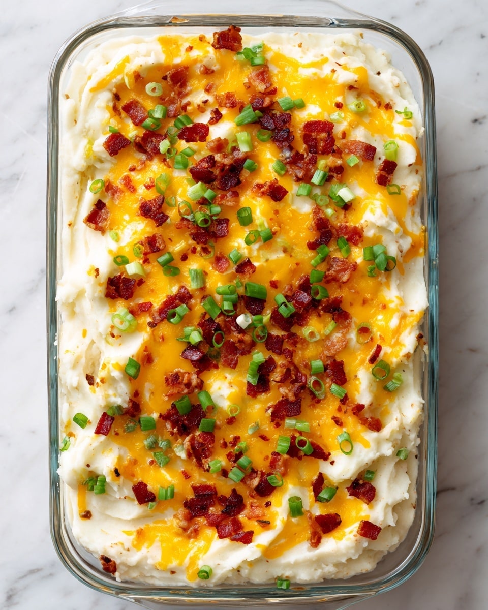 The image shows a clear glass baking dish filled with a creamy white mashed potato layer at the bottom. On top of this, there is a thick layer of melted bright orange cheddar cheese that covers most of the surface. Scattered on the cheese are small, dark red crispy bacon bits and some chopped green onions, adding a mix of red and green colors. The dish is placed on a white marbled surface, with a small bunch of fresh spinach leaves and a striped cloth visible nearby. Photo taken with an iphone --ar 4:5 --v 7