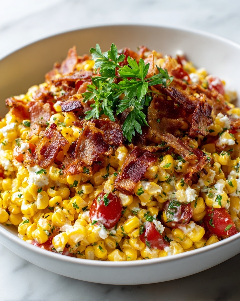A close-up of a white bowl filled with a colorful corn salad. The salad has three main layers: the bottom layer is bright yellow corn kernels, mixed with small green herbs and white creamy sauce spots throughout. On top of the corn layer are small red tomato pieces and crispy, browned bacon strips scattered unevenly. The salad is garnished with a small bunch of green parsley leaves in the center. The bowl sits on a white marbled surface with soft natural light highlighting the textures and colors. Photo taken with an iphone --ar 4:5 --v 7