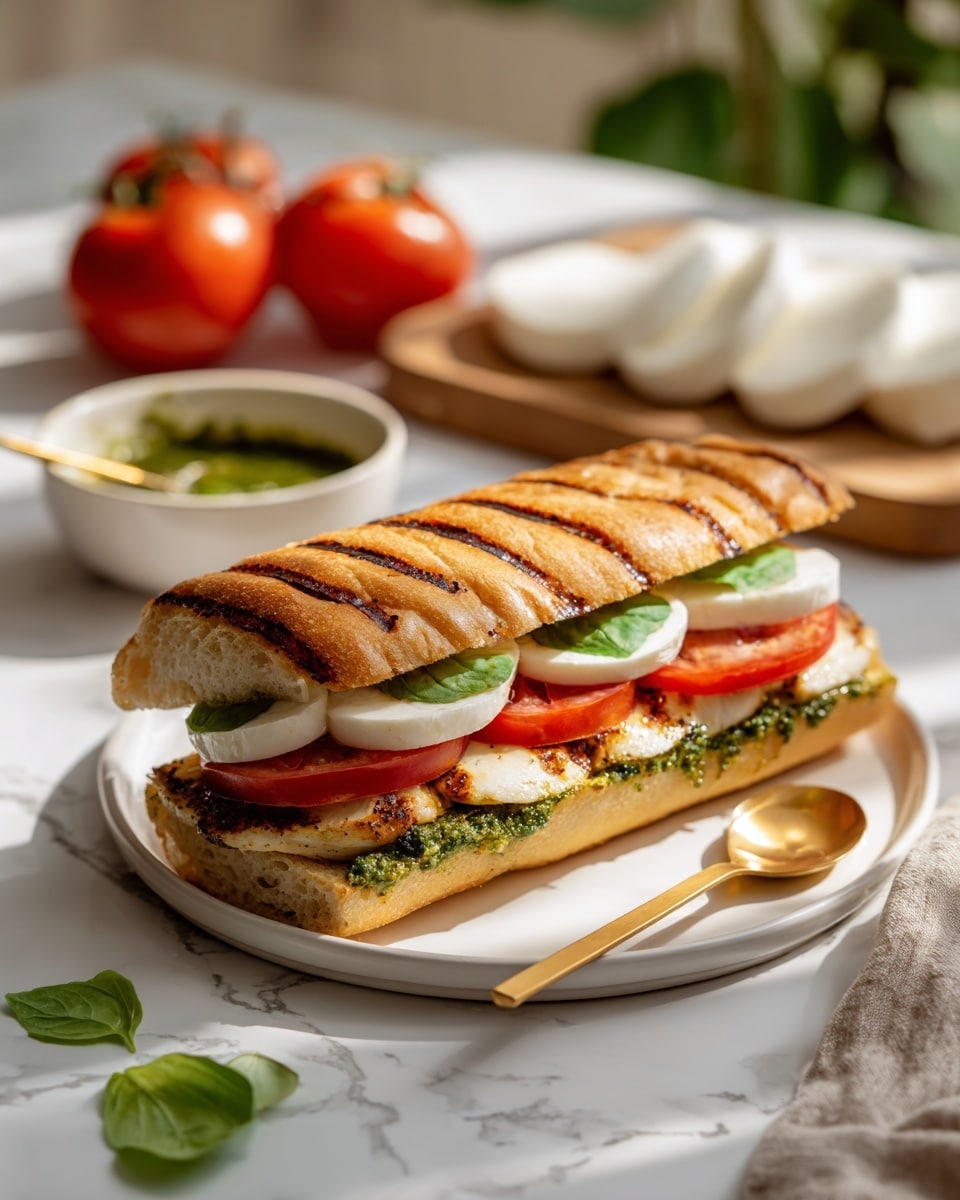 A sandwich on a white plate placed on a white marbled surface, showing three clear layers: the bottom layer is grilled chicken with visible grill marks, topped by a layer of green sauce or spread with a slightly chunky texture, followed by thick slices of red tomato and white mozzarella cheese on top. The sandwich is held by a golden-brown, crispy ciabatta roll, slightly toasted. Nearby, a white bowl with green sauce and a gold spoon, a wooden board with more mozzarella slices, and three red tomatoes with green leaves are placed in soft focus. The scene is bright with natural light, photo taken with an iphone --ar 4:5 --v 7