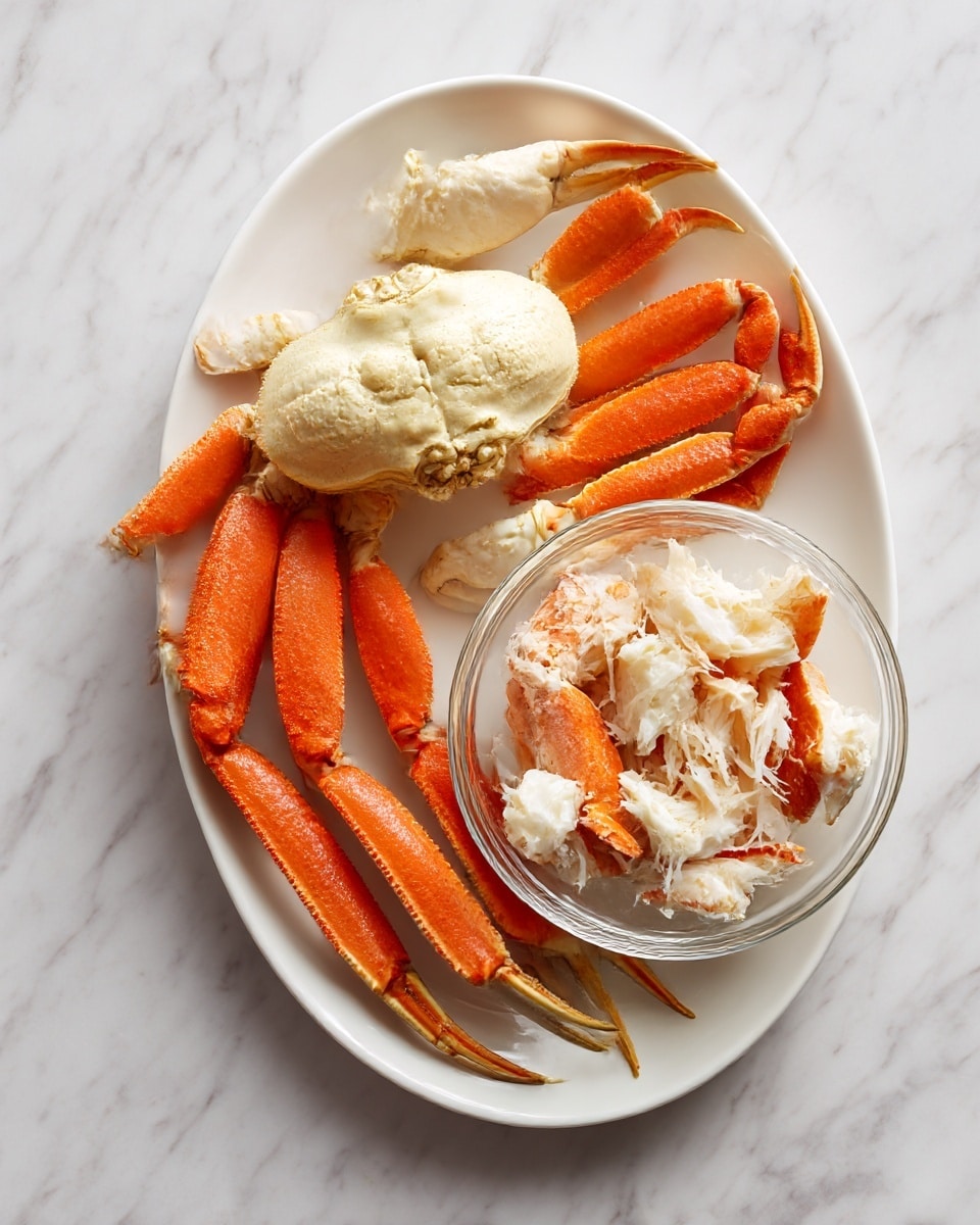 The image shows a white oval plate placed on a white marbled textured surface. On the left side of the plate, there is a cooked crab with its shell opened, showing the white and orange shell with sharp edges and a hollow interior. The crab's legs and claws are spread out, displaying their bright orange color with creamy white joints. On the right side of the plate, there is a clear glass bowl filled with crab meat, featuring a mix of white chunks and orange bits, giving a soft, flaky texture. The overall look is clean and fresh. Photo taken with an iphone --ar 4:5 --v 7