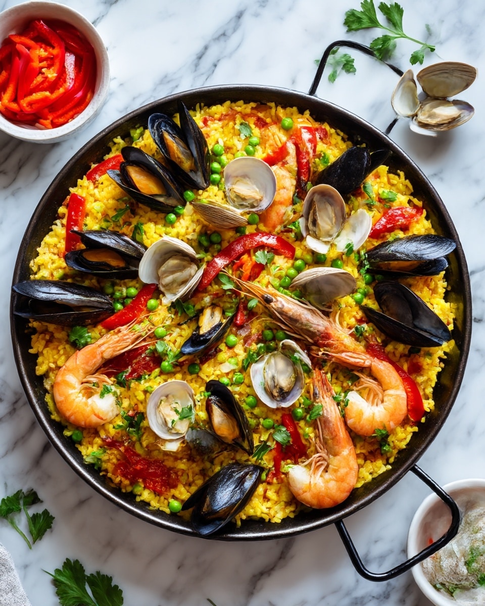 A large black pan filled with a colorful seafood paella sits on a white marbled surface. The base layer is bright yellow rice, spread evenly across the pan, with a slightly moist and grainy texture. On top are scattered green peas and small chunks of onion adding pops of green and translucent white. The surface is decorated with several shells of black mussels and beige clams, some open to show inner flesh, and a few large whole shrimp with orange-pink shells and visible legs and antennae placed in the center and around the pan. Bright red roasted pepper strips and fresh green parsley leaves are scattered across, adding vibrant and fresh colors. In the corner, a white bowl holds extra red pepper strips. Photo taken with an iphone --ar 4:5 --v 7