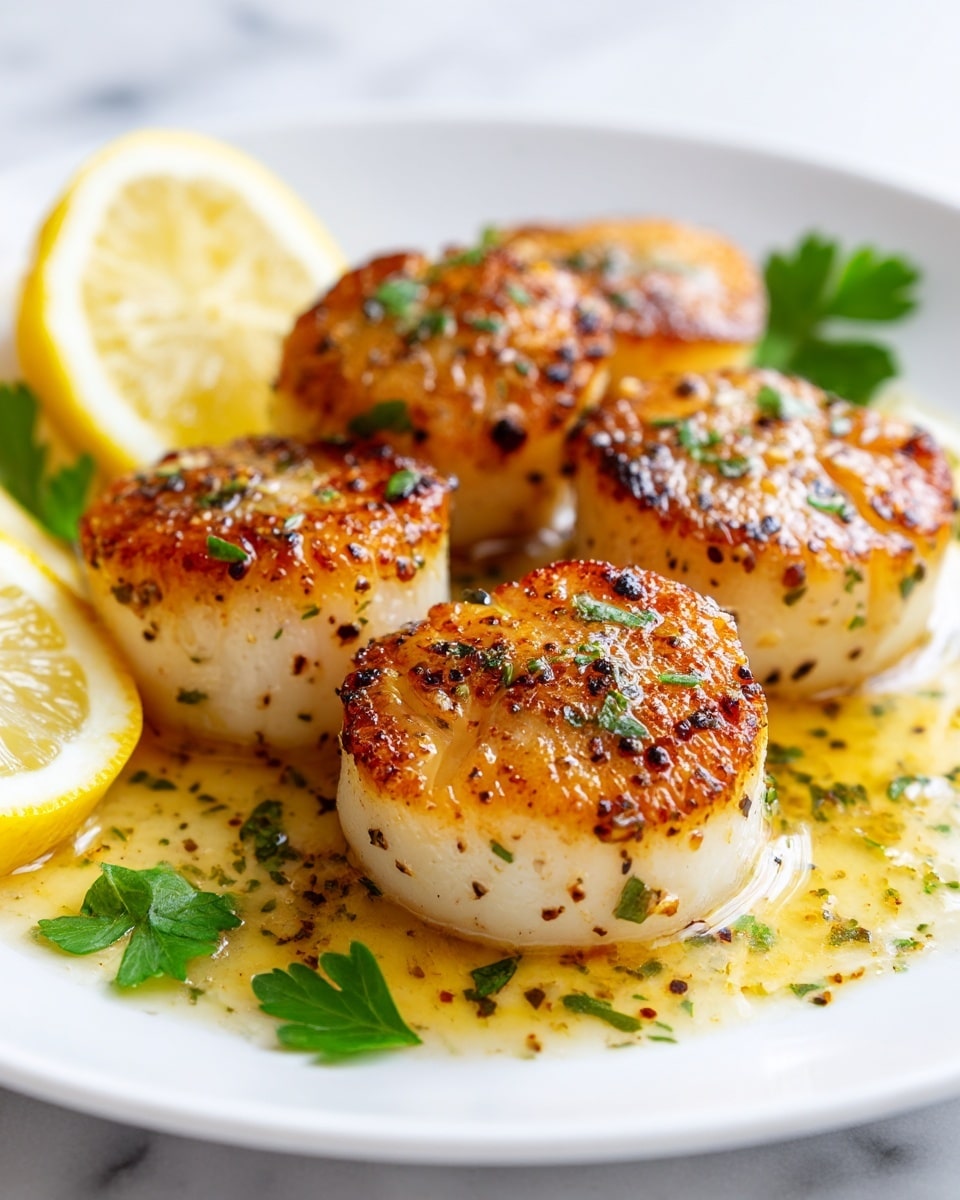 The image shows a flat lay of cooking ingredients arranged on a white marbled surface. In the center, there is a single layer of smooth, round, white dry sea scallops placed on crinkled brown parchment paper. Around the scallops, there are small white bowls and dark round plates holding the rest of the items: a white bowl filled with coarse salt at the top left, next to a small wooden bowl of cracked black pepper. To the right, a clear glass cup holds golden neutral cooking oil, and beside it, a dark plate contains whole garlic cloves and a garlic bulb. At the bottom right, a dark plate holds two pieces of pale unsalted butter. On the bottom left corner, fresh green parsley leaves and two halved bright yellow lemons lie directly on the surface, creating a fresh touch. The overall setup is clean and organized, with natural lighting casting soft shadows. photo taken with an iphone --ar 4:5 --v 7