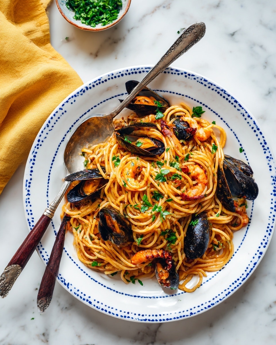 A large white plate with blue dots around the edge holds a generous serving of spaghetti mixed with a reddish-orange tomato sauce. Scattered throughout the pasta are dark black mussel shells filled with orange mussel meat, bright orange shrimp, small pieces of golden scallops, and baby octopus tentacles. Finely chopped green herbs are sprinkled over the top. Two silver forks with detailed handles rest on the left side of the plate. Fresh green parsley leaves decorate one corner of the plate. The plate is placed on a white marbled surface with a small bowl of green herbs and a yellow cloth nearby. Photo taken with an iphone --ar 4:5 --v 7