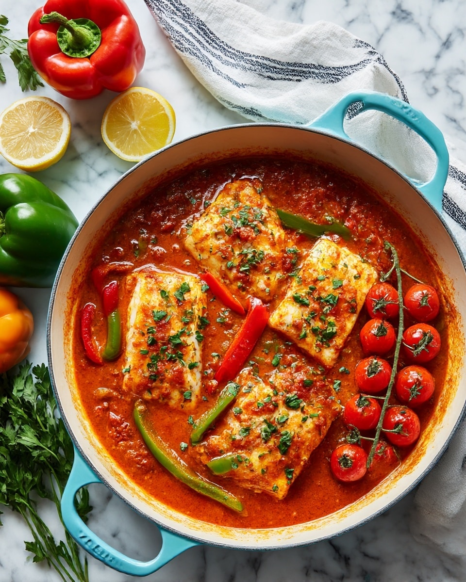 A round blue ceramic pan filled with a thick orange-red sauce, layered with white chunks of cooked fish scattered throughout, and topped with sliced red, orange, and green bell peppers. A cluster of bright red cherry tomatoes on the vine rests on one side of the pan, sprinkled with small green herb pieces. The pan is placed on a white marbled surface with a striped white cloth partially visible, and surrounding the pan are whole green, red, and orange bell peppers, along with a halved lemon and some fresh green herbs. Photo taken with an iphone --ar 4:5 --v 7