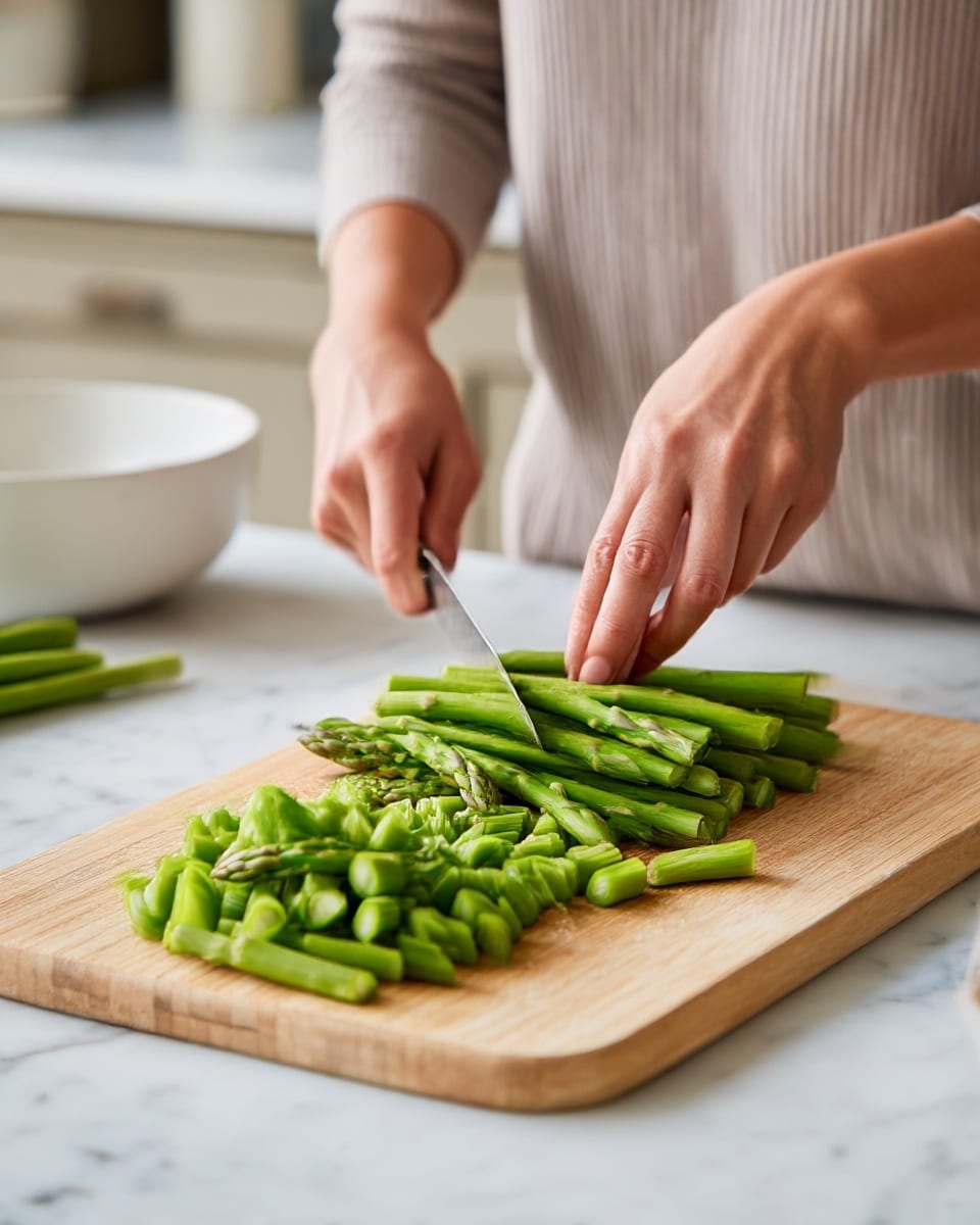 A woman's hands are slicing bright green asparagus stalks on a light wooden cutting board placed on a white marbled surface. The asparagus is cut into small pieces, with some segments already sliced and piled on the left side of the board. The woman holds the asparagus steady with one hand while using a knife with the other to slice through the stalks. In the background, there is a white bowl partly visible on the left side, and beige kitchen cabinets are blurred behind. The photo has a soft focus and natural lighting. photo taken with an iphone --ar 4:5 --v 7