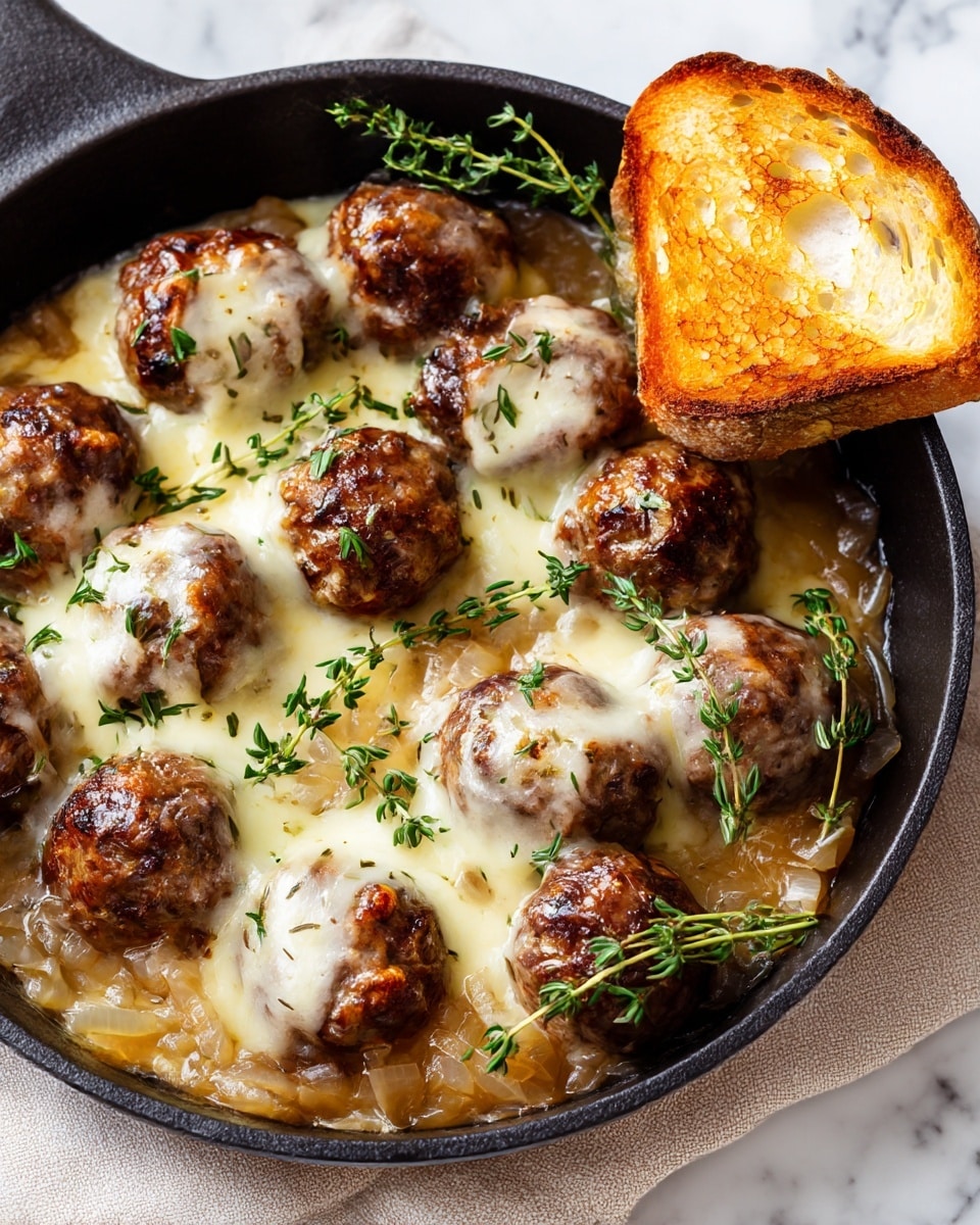 The image shows a close-up of browned meatballs topped with melted light-yellow cheese, sitting in a rich caramelized onion sauce. There are several meatballs, each with a slightly crispy outer layer and creamy cheese stretching between them. A golden brown toasted bread piece is partially dipped into the sauce, surrounded by fresh green thyme sprigs scattered over the dish. The pan is dark and cast iron looking, placed on a white marbled surface with some sprigs of thyme nearby. Photo taken with an iphone --ar 4:5 --v 7