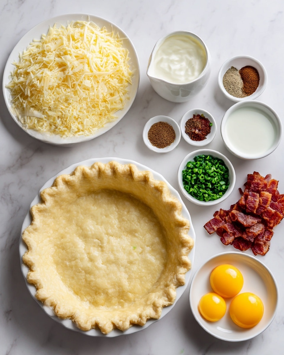 The image shows the ingredients arranged neatly on a white marbled surface. At the center is a golden pie crust with a soft texture and crimped edges forming a shallow bowl. To the bottom left, there's a white plate filled with shredded Gruyere cheese, light yellow in color and finely shredded. Above it, a small white pitcher contains thick cream, pure white and smooth. To the right of the pie crust, a small white bowl holds fresh, bright green chopped chives. Above the chives is a cluster of small seasoning containers, one with brown spices. Above the seasonings, there is a white plate fully covered with small pieces of cooked bacon, reddish-brown and slightly crisp. To the top right, a small white cup contains white milk. Below the crust, two bright yellow egg yolks are held in a white bowl. The ingredients are placed carefully to show all layers distinctly, with soft shadows on the white marbled background. Photo taken with an iphone --ar 4:5 --v 7