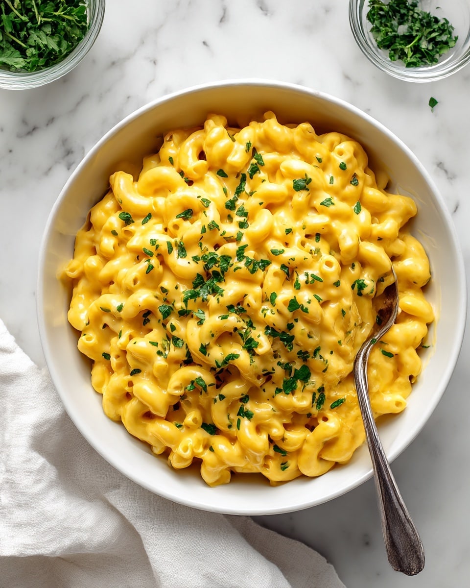 The image shows a white bowl filled with creamy, bright yellow macaroni and cheese. The macaroni noodles are coated evenly in the thick cheese sauce, giving a smooth and rich texture. Small pieces of green herbs are sprinkled on top for color contrast. A silver spoon rests inside the bowl. The bowl is placed on a white marbled surface with a white cloth nearby, and a small clear glass bowl with green herbs is partially visible at the top left corner. Photo taken with an iphone --ar 4:5 --v 7