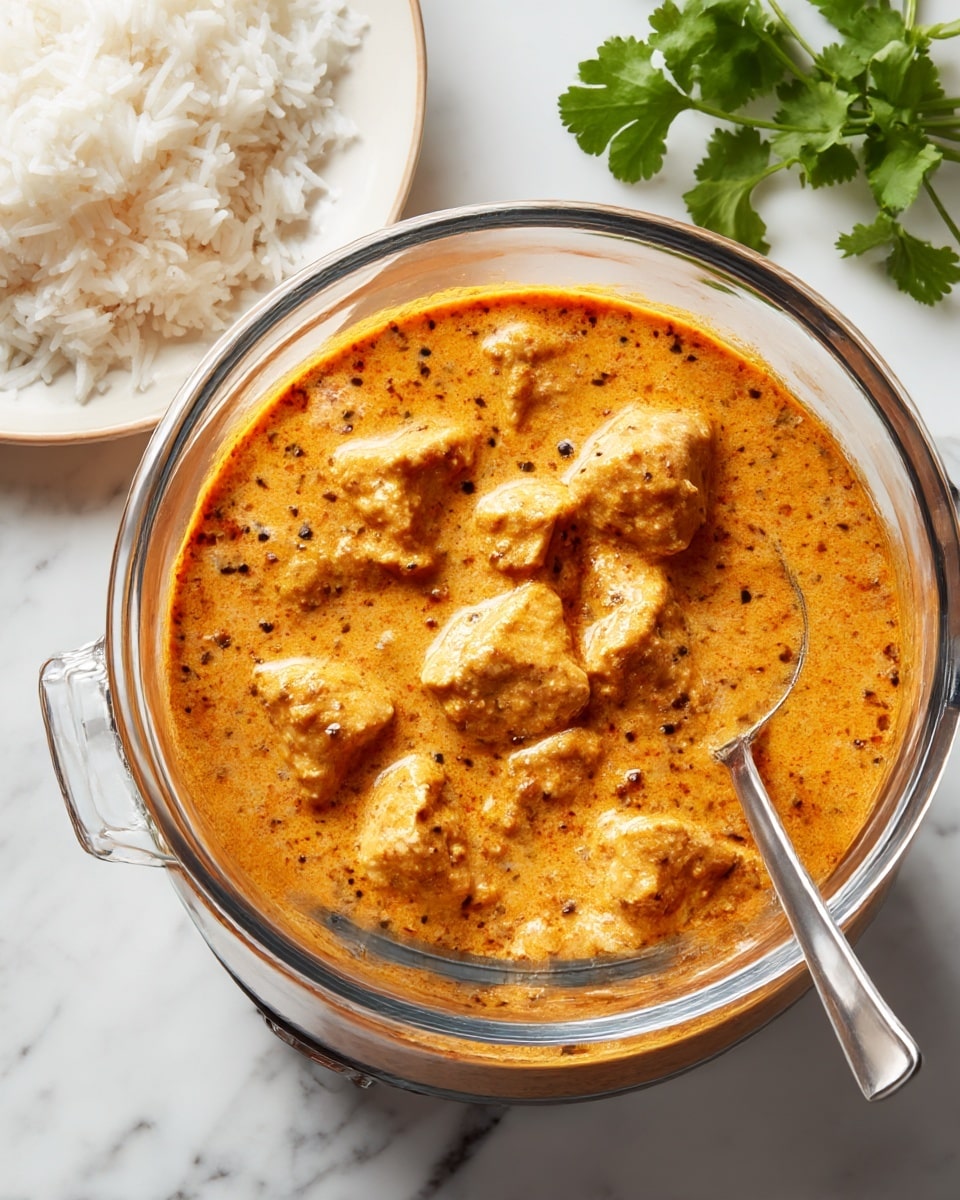 A close-up view of a thick orange curry with chunks of meat mixed throughout in a clear glass bowl. The curry has a creamy texture with visible herbs and spices blended in, creating speckles of green and dark spots. The sauce is swirled with a lighter cream, adding contrast to the rich orange base. A metal spoon is partially visible on the left side, resting inside the bowl. The background has a white marbled texture. photo taken with an iphone --ar 4:5 --v 7