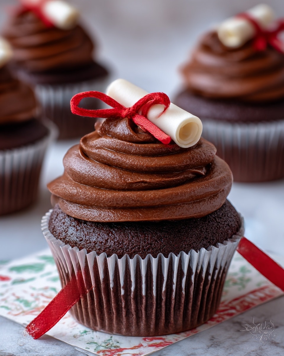 Four chocolate cupcakes are shown on a colorful paper with drawings and stars, placed on a light wood surface. Each cupcake has a dark brown base with a thick swirl of smooth, rich chocolate frosting on top. On top of each frosting swirl is a small white rolled fondant scroll tied with a thin pink fondant ribbon shaped like a bow. The paper beneath the cupcakes adds a bright, playful contrast to the dark cupcakes. photo taken with an iphone --ar 4:5 --v 7