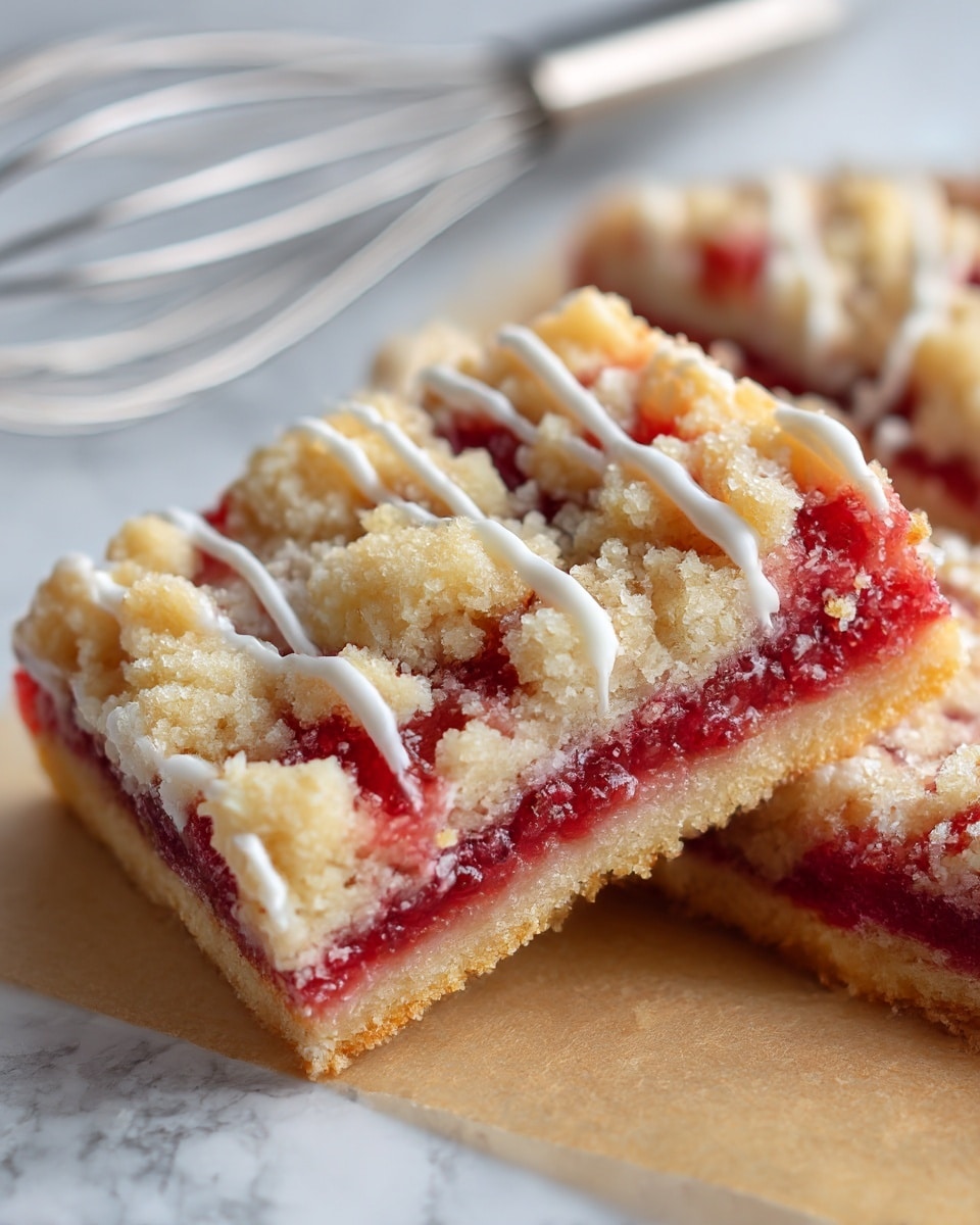 A close-up of one slice of pie showing three layers: the bottom layer is a thin, golden-brown crust with a smooth texture; the middle layer is bright red chopped fruit filling with a juicy, glossy look; the top layer is a crumbly, light golden topping with uneven pieces that cover the fruit partly. The pie slice sits on light brown parchment paper with a white marbled surface faintly visible in the background, and a blurred silver spoon is in the background on the left side. Photo taken with an iphone --ar 4:5 --v 7